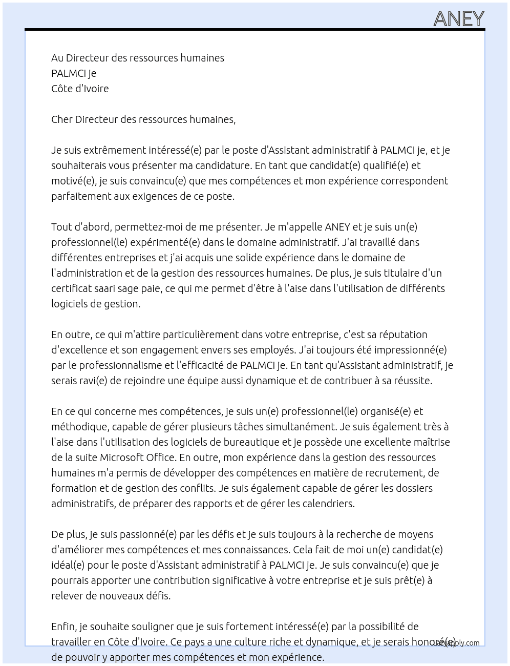 Assistant administratif  At PALMCI je  Cover Letter