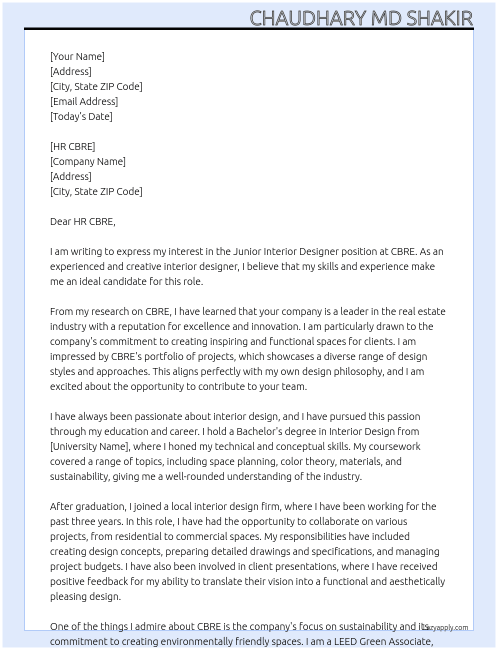 Junior Interior designer  At CBRE Cover Letter