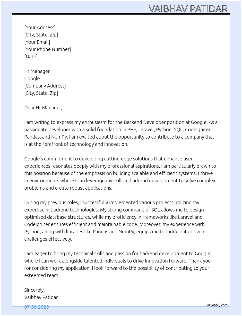 Backend developer At Google Cover Letter