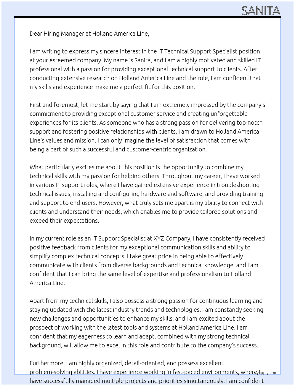 IT TECHNICAL SUPPORT SPECIALIST At Holland America Line  Cover Letter