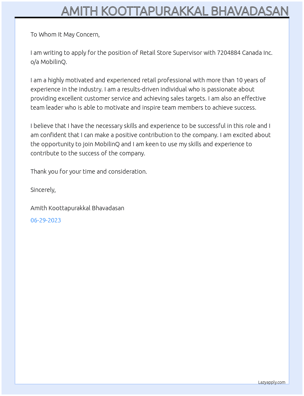 Retail Store Supervisor At 7204884 Canada Inc. o/a MobilinQ Cover Letter