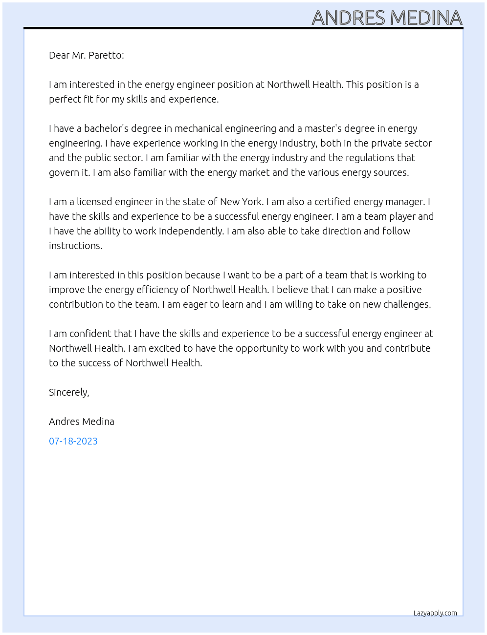 energy engineer At Northwell Health  Cover Letter