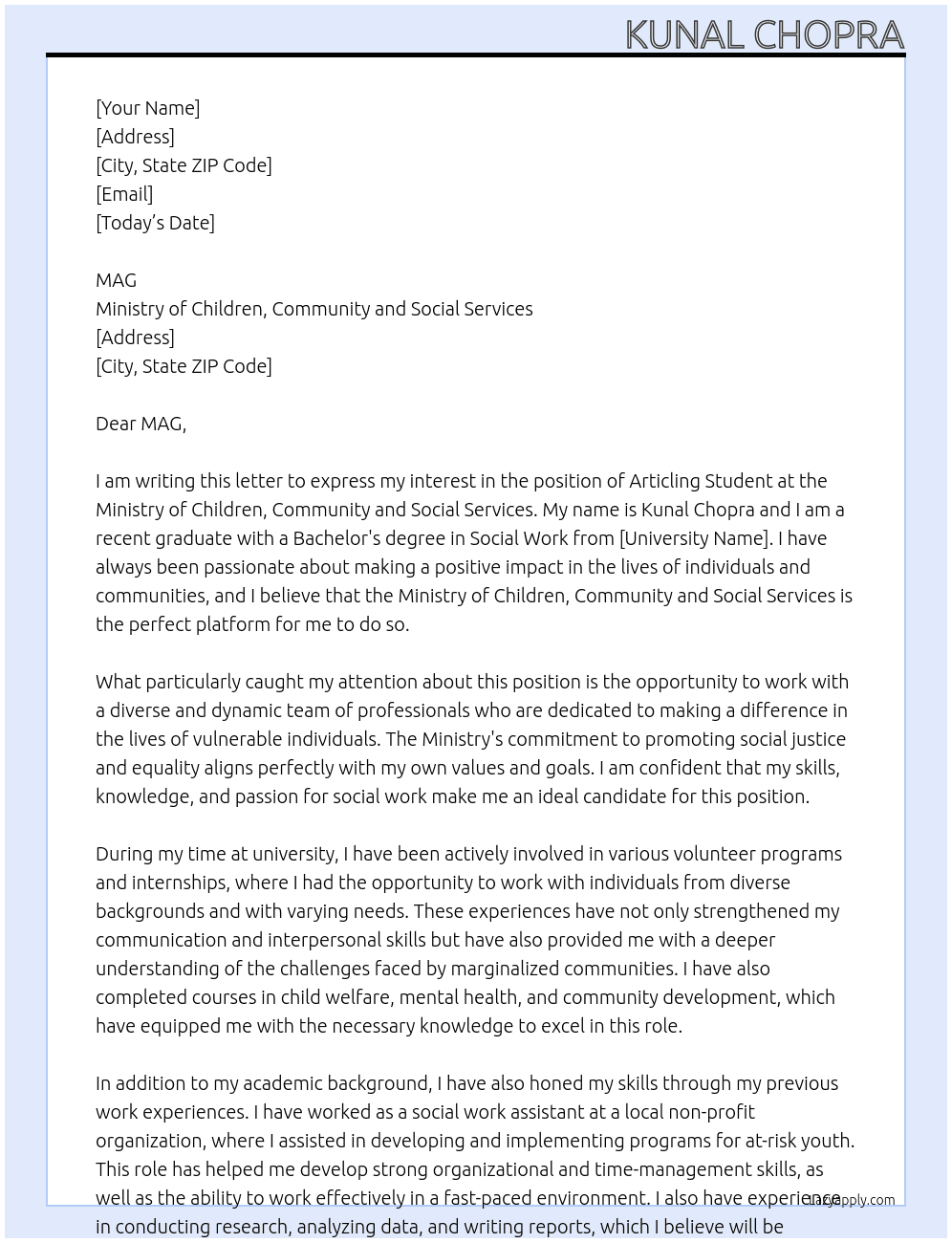 Articling Student   At Ministry of Children, Community and Social Services Cover Letter