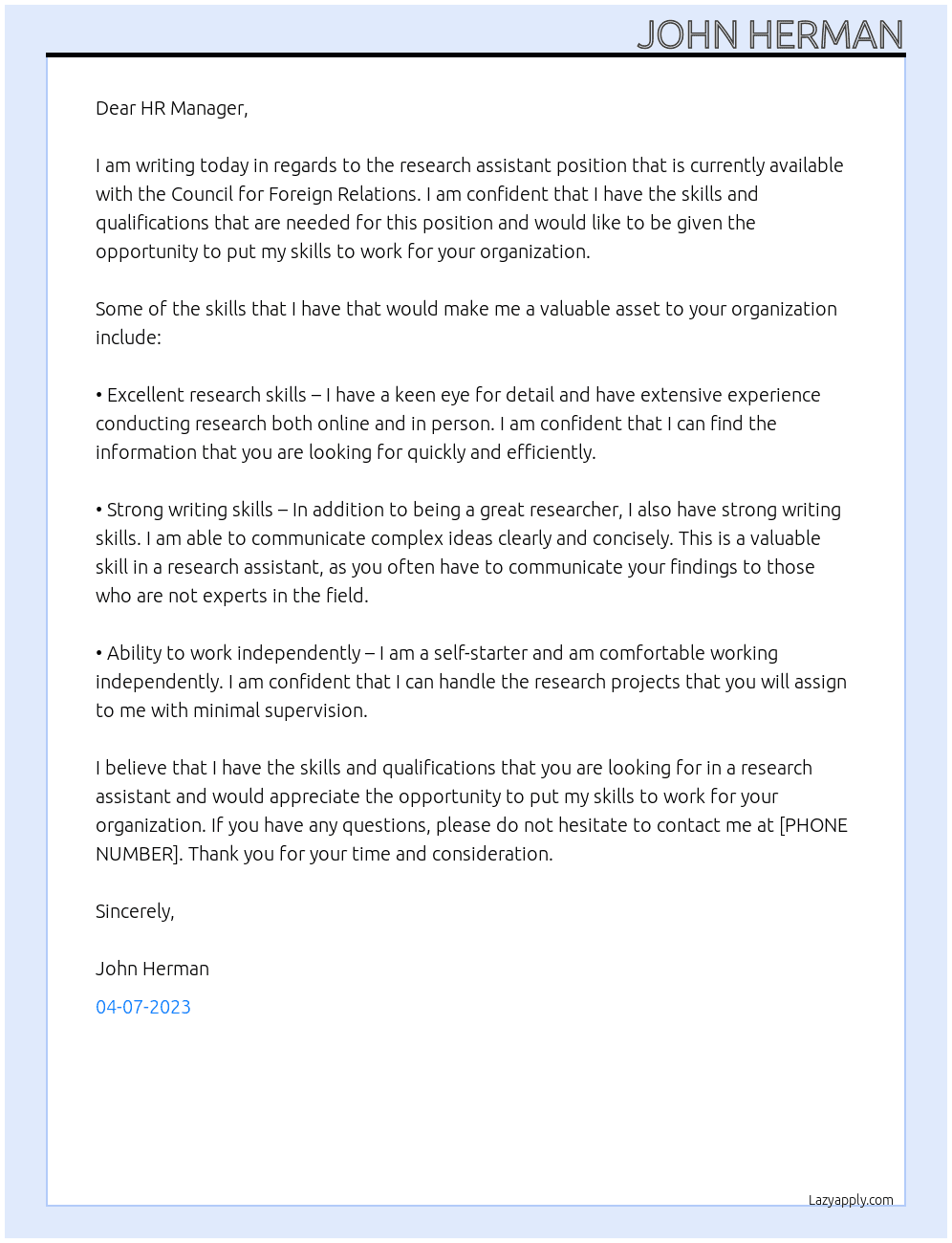 Research assistant  At Council for Foreign Relations Cover Letter