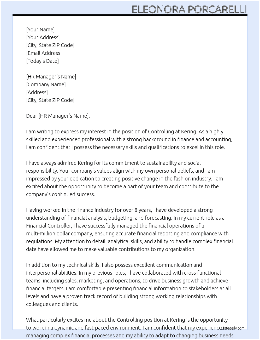 controlling At kering Cover Letter