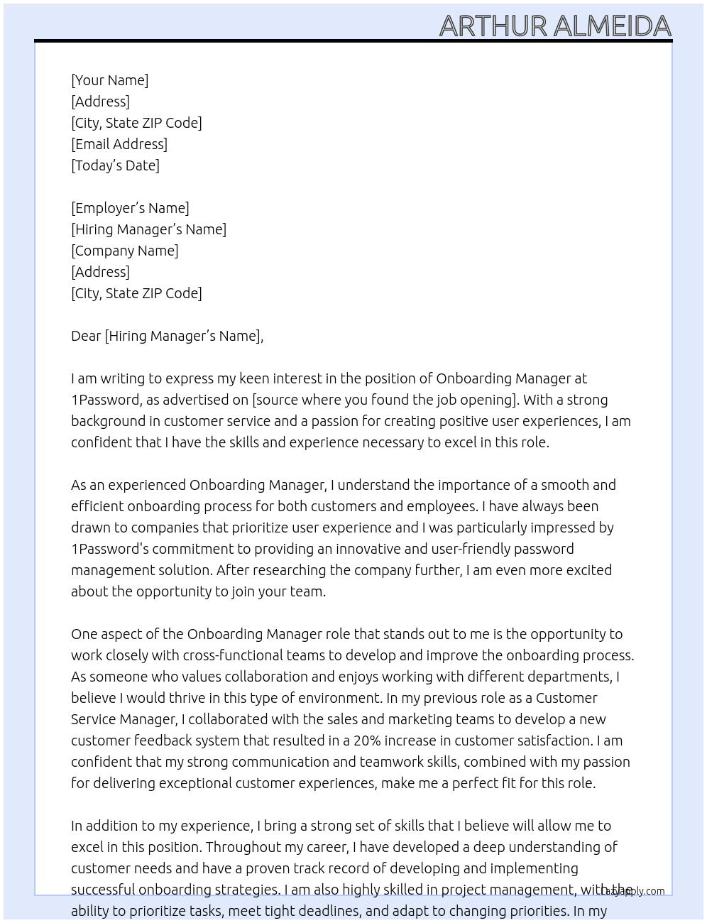 onboarding manager At 1password Cover Letter