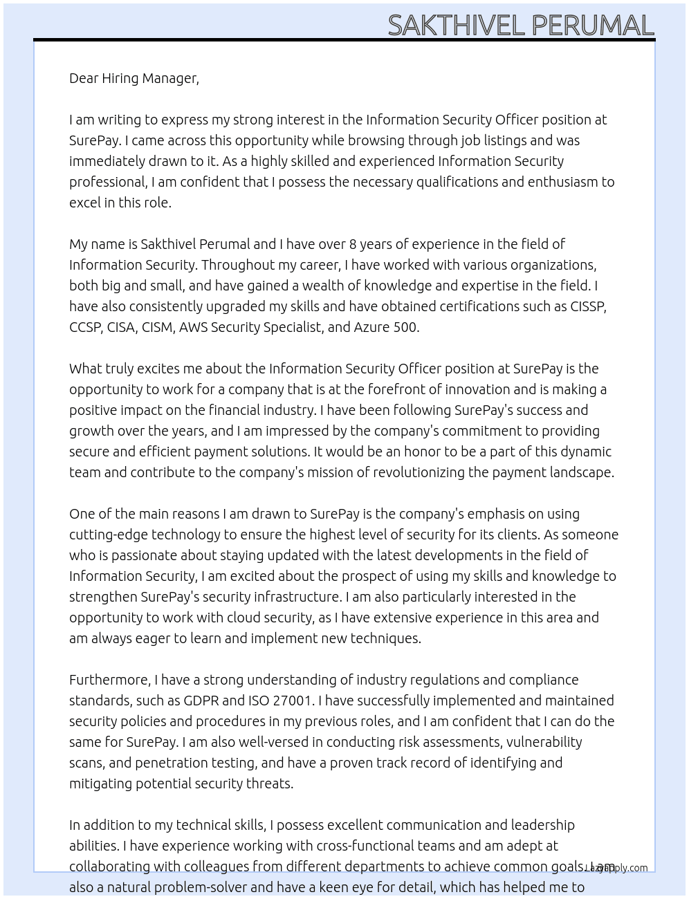 Information Security Officer At SurePay Cover Letter