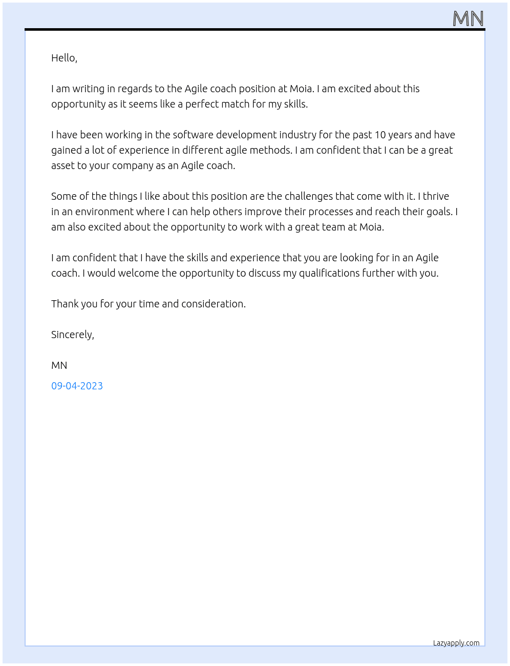 Agile coach At Moia Cover Letter