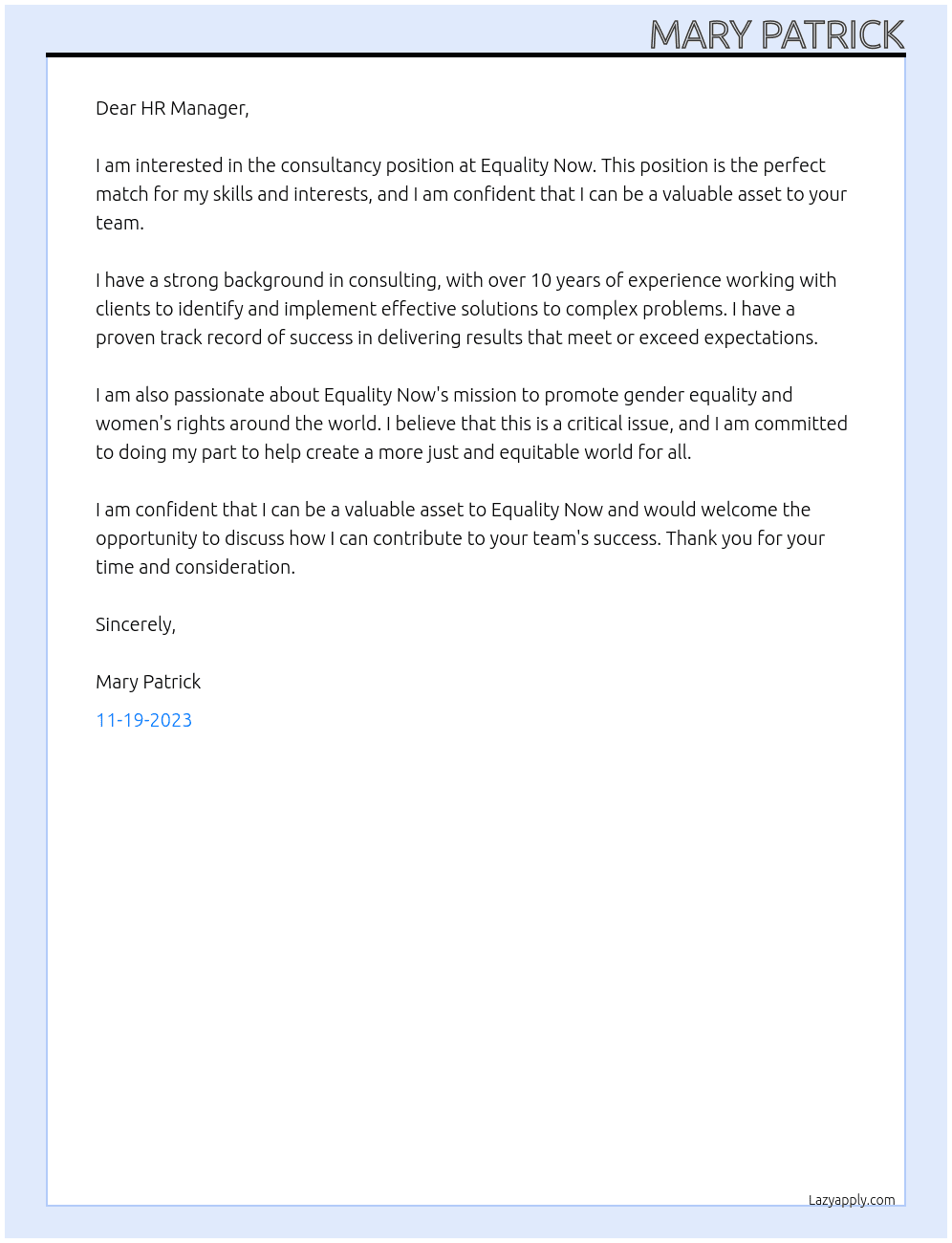 consultancy At equality now  Cover Letter