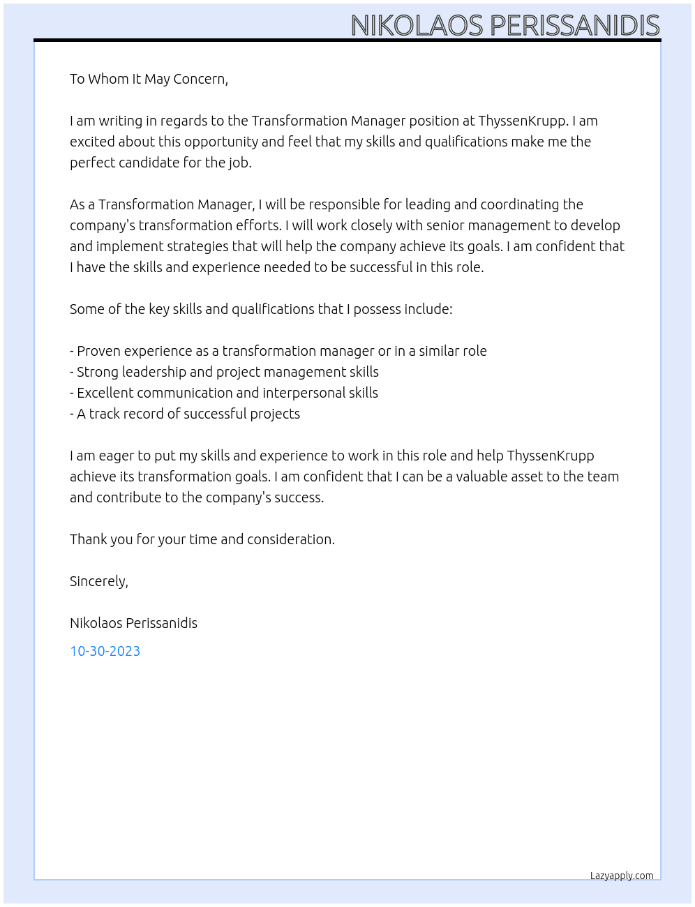 Transformation Manager At ThyssenKrupp  Cover Letter