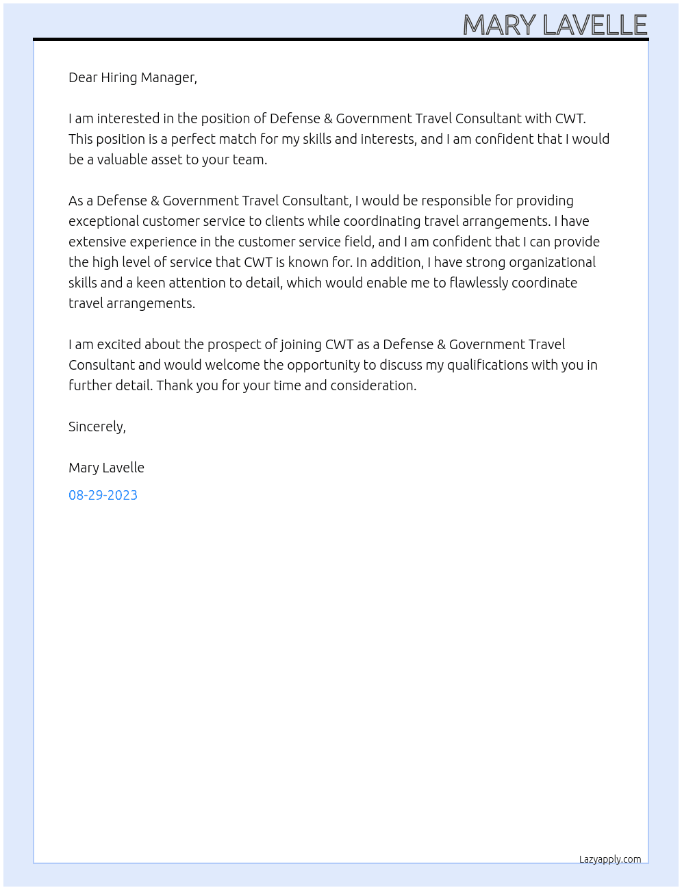 Defense & Government Travel Consultant At CWT Cover Letter