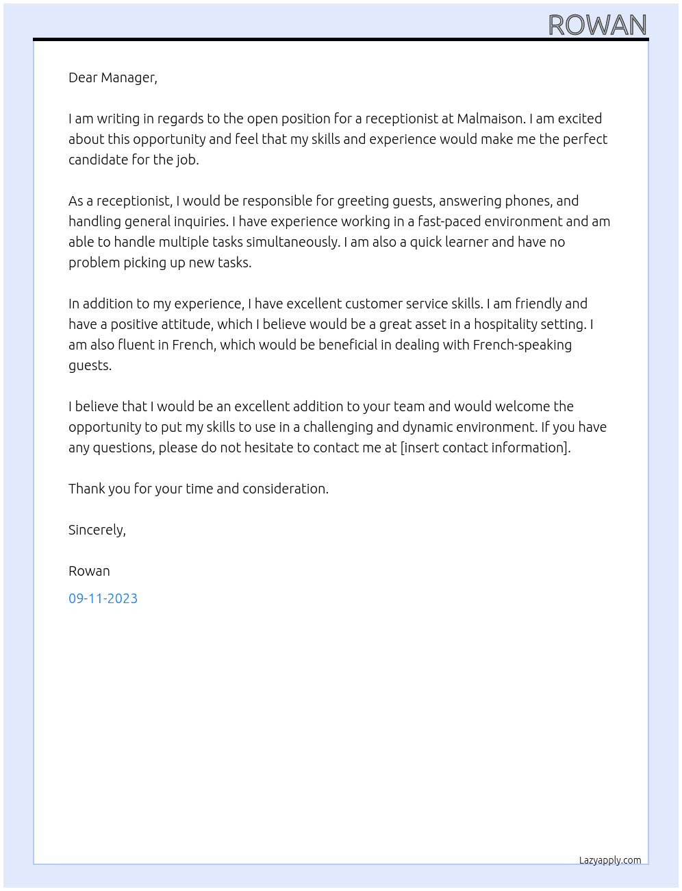 receptionist  At malmaison Cover Letter