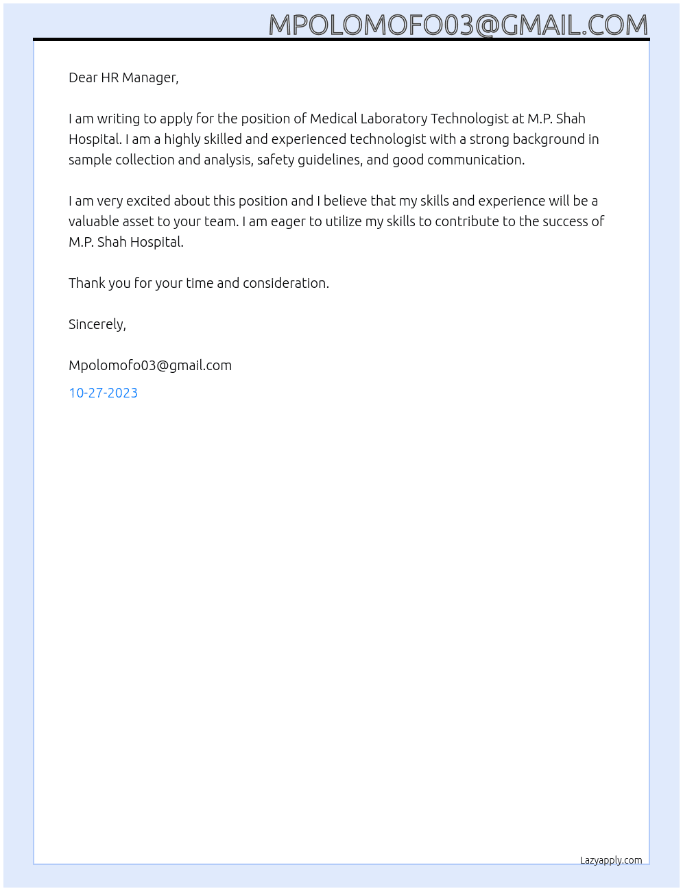 Medical Laboratory technologist  At M.P. Shah Hospital  Cover Letter