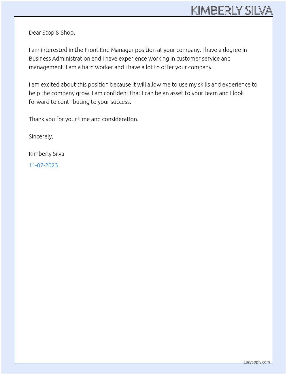 Front End  At Stop & Shop  Cover Letter