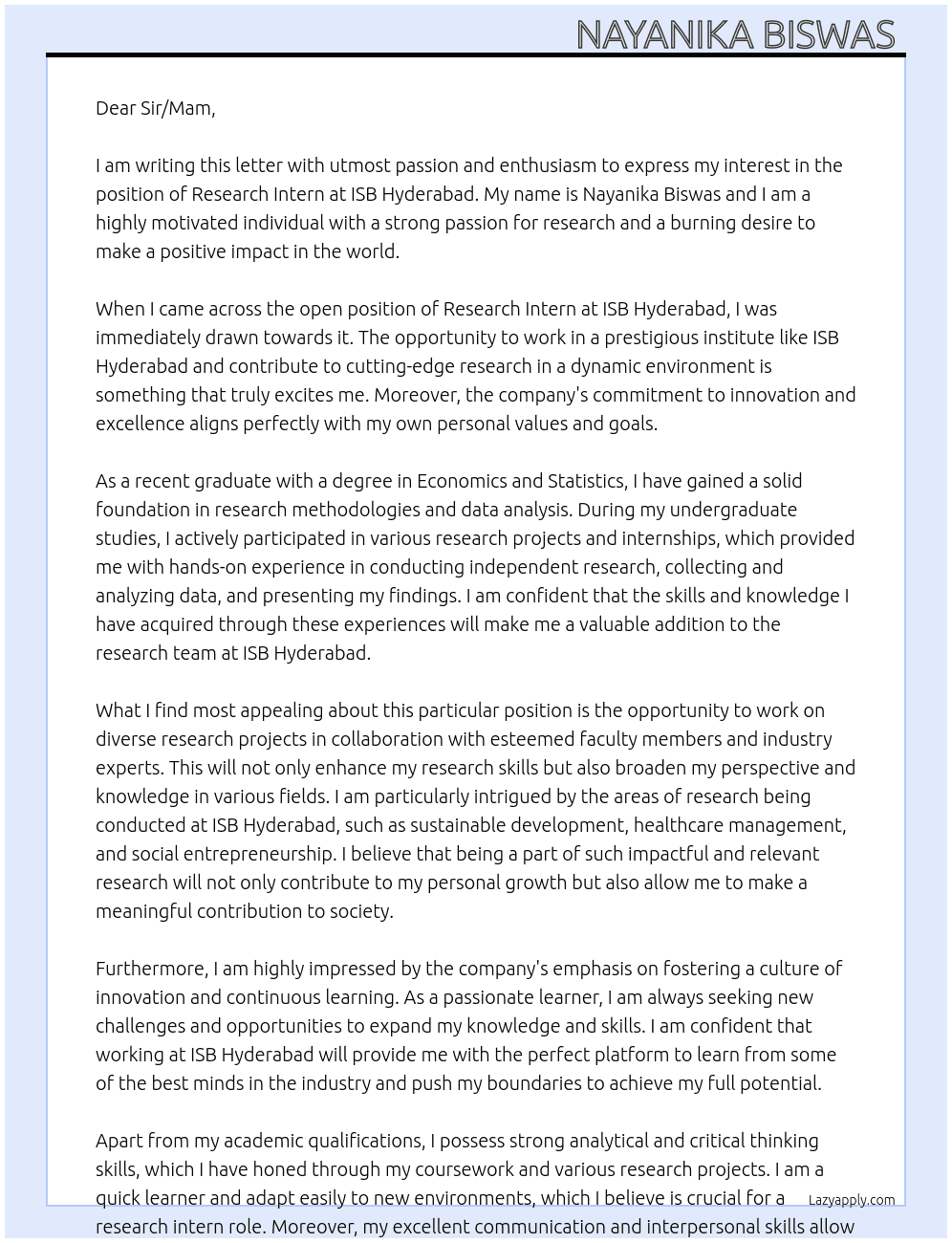 Research intern At isb hyderabad Cover Letter
