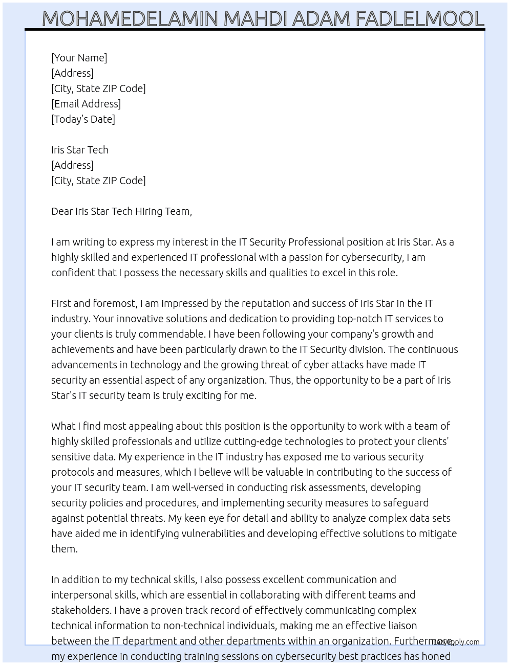 It security professional  At Iris star Cover Letter