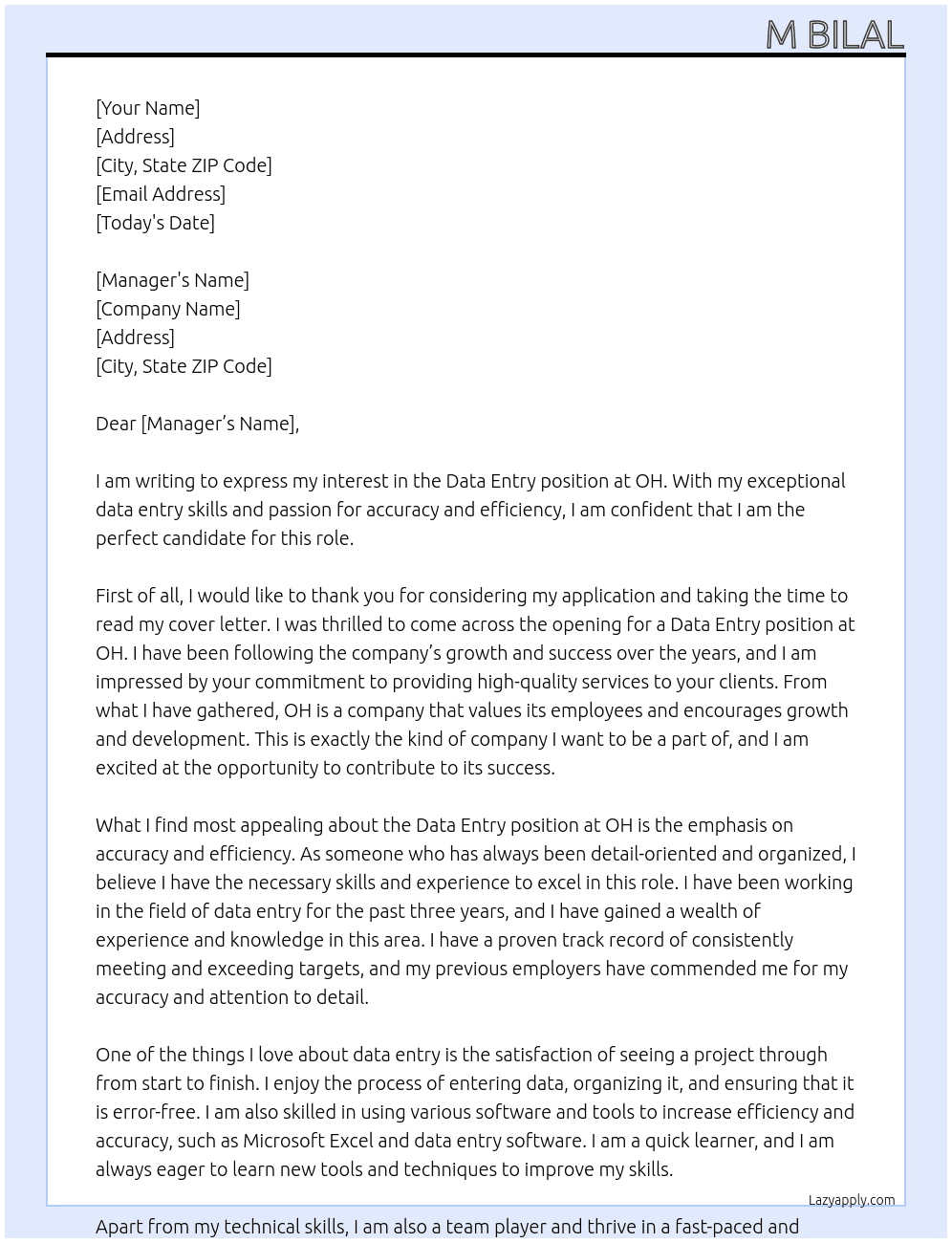 Data entry  At OH Cover Letter