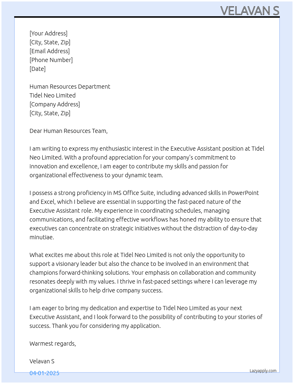 Executive assistant  At Tidel neo limited  Cover Letter