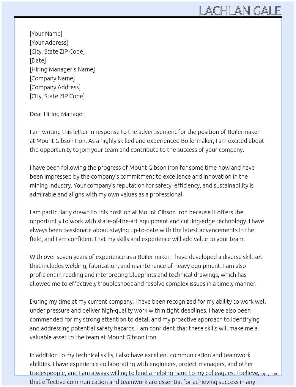 Boilermaker At Mount Gibson Iron  Cover Letter