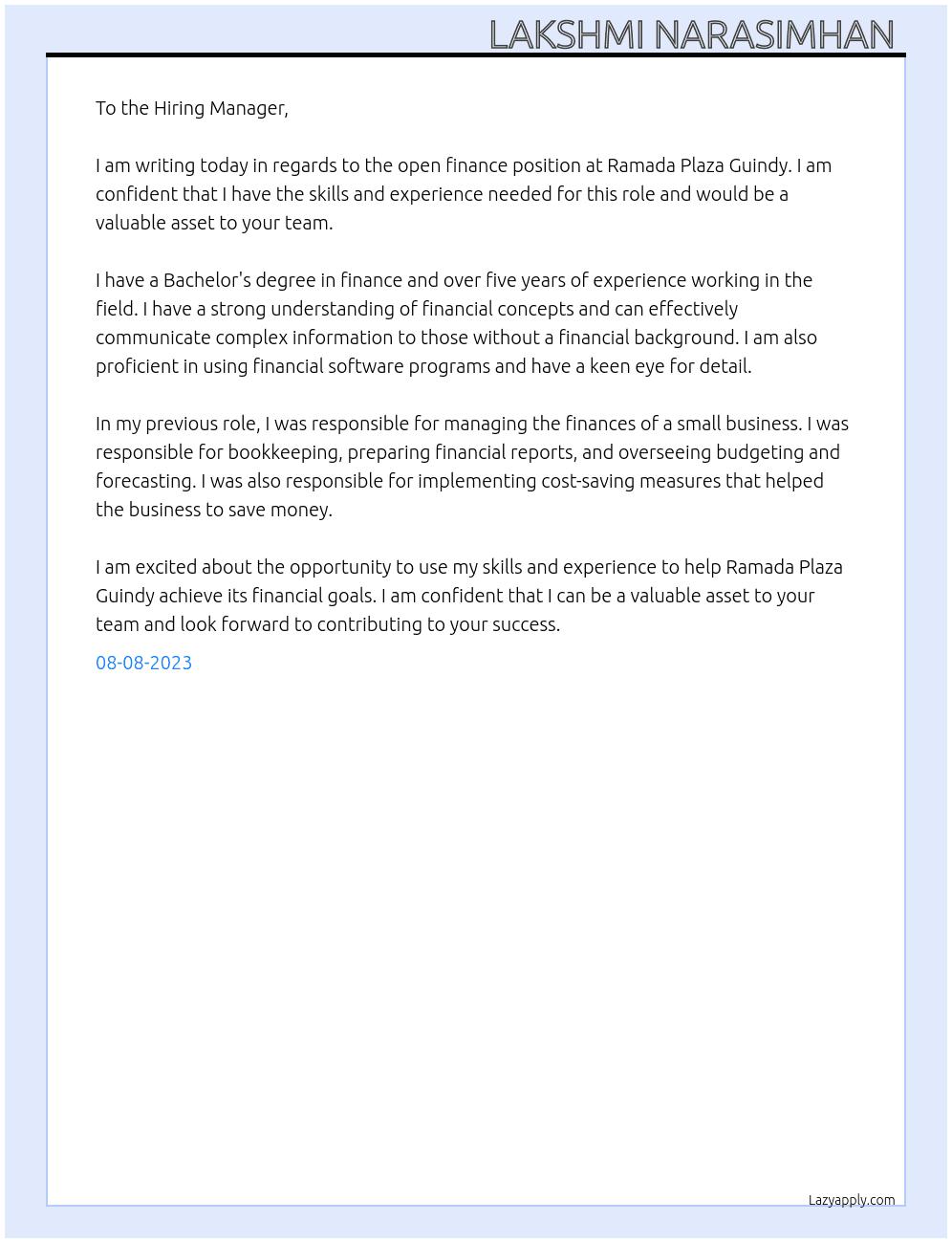 Finance  At Ramada plaza guindy Cover Letter