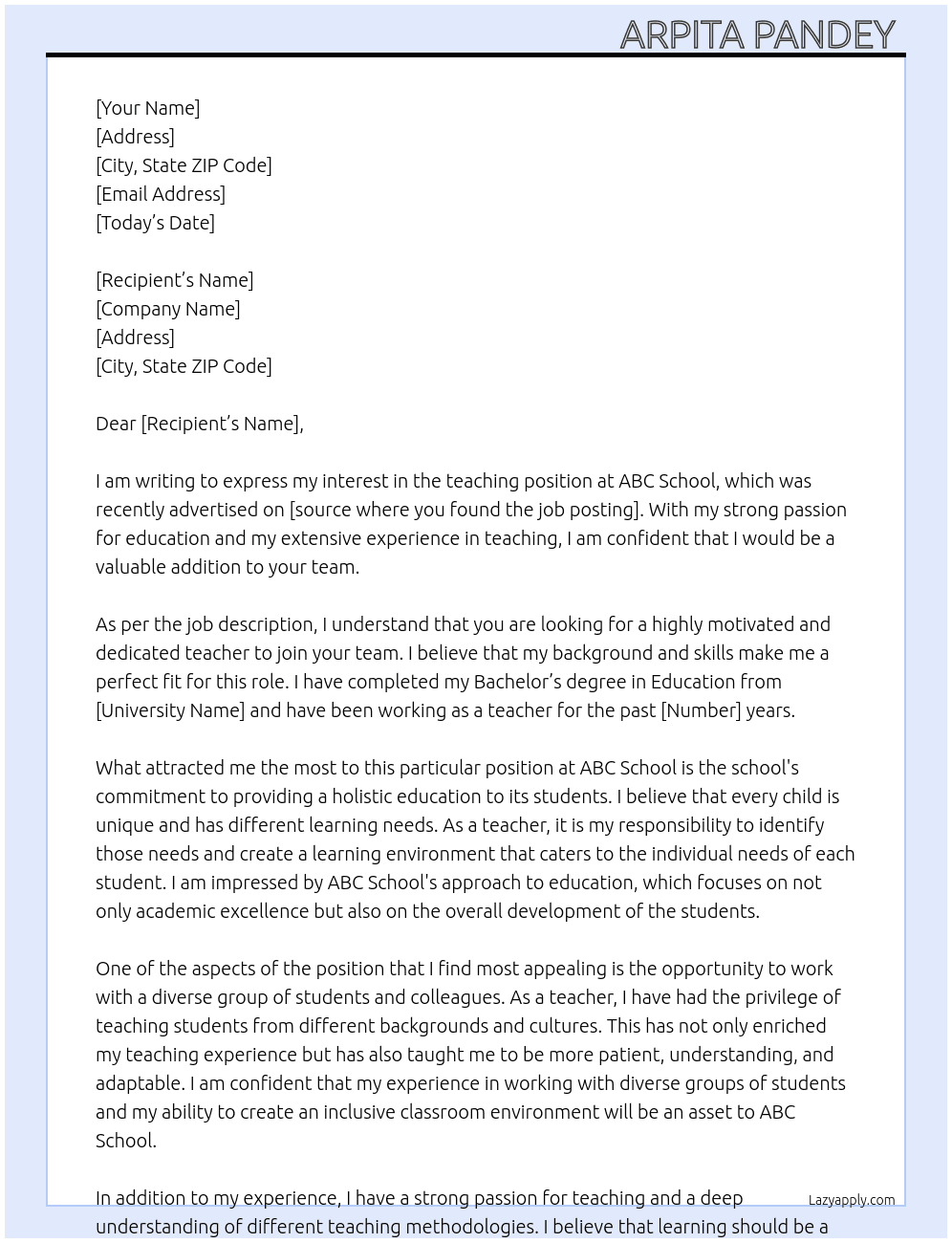 for a teacher  At abc school Cover Letter