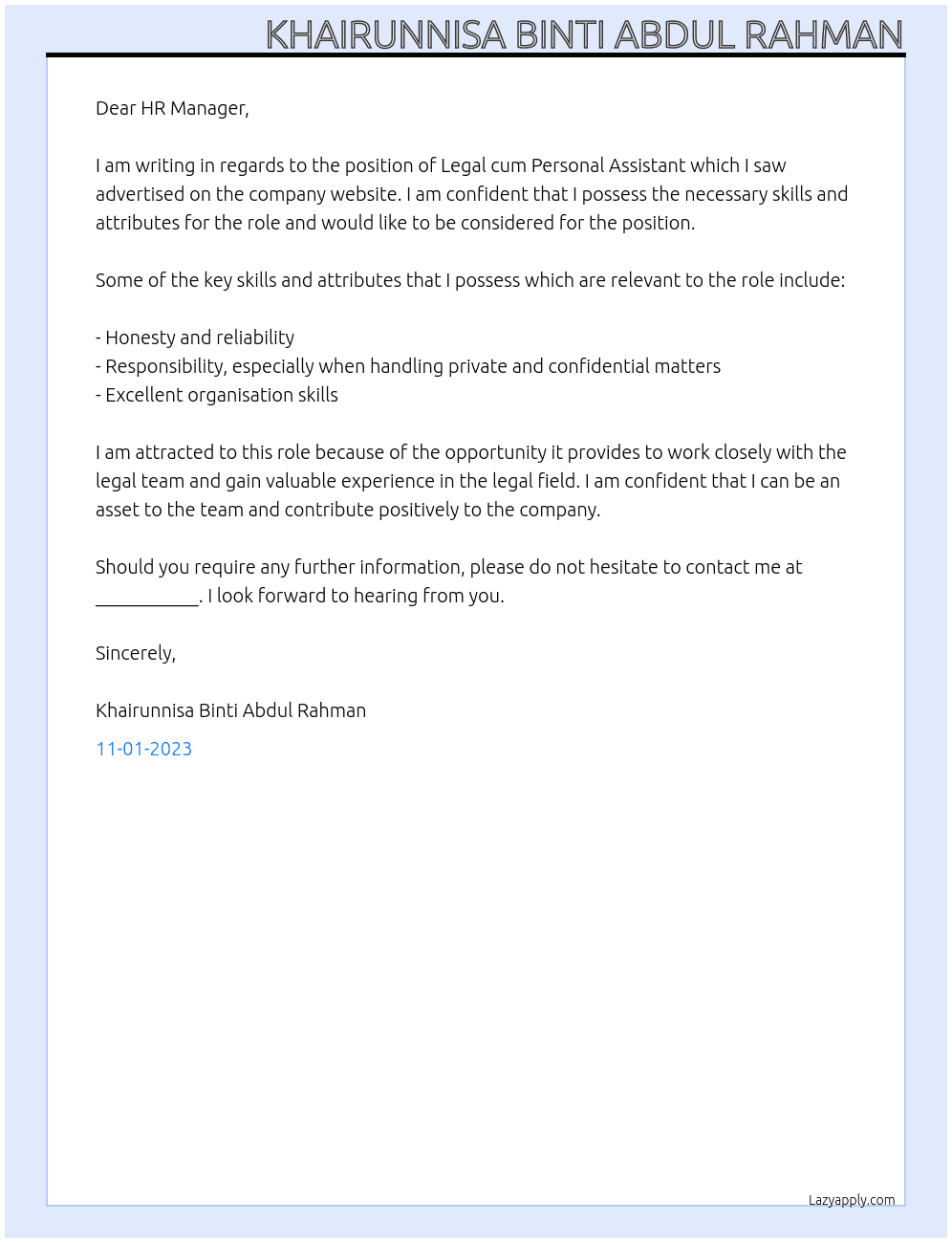 Legal cum Personal Assistant At Legal Company Cover Letter