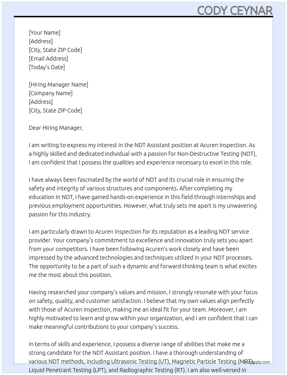 NDT Assistant At Acuren Inspection Cover Letter