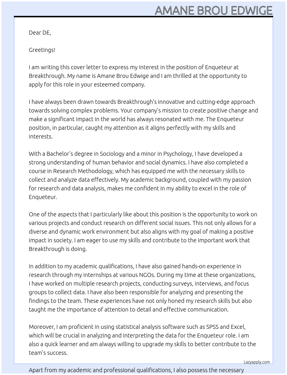 ENQUETEUR At BREAKTHROUG Cover Letter