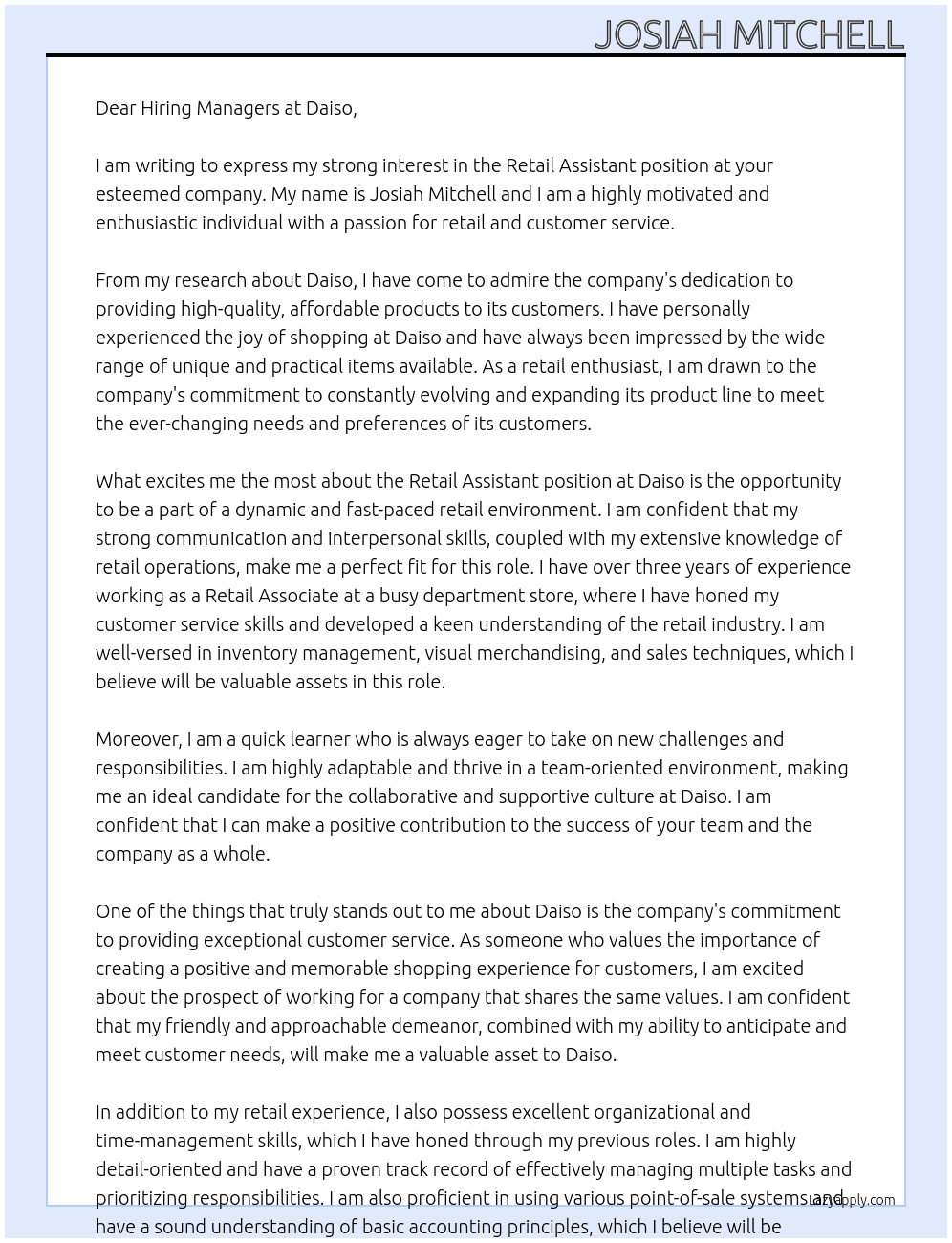  Retail assistant At Daiso Cover Letter
