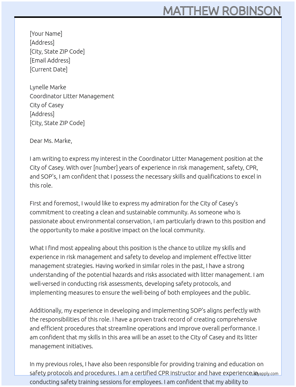 Coordinator Litter Management At City of Casey  Cover Letter