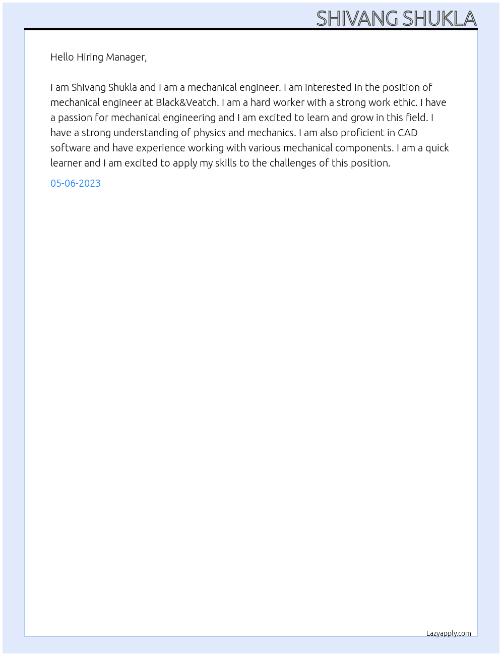 Mechanical Engineer  At Black&Veatch Cover Letter