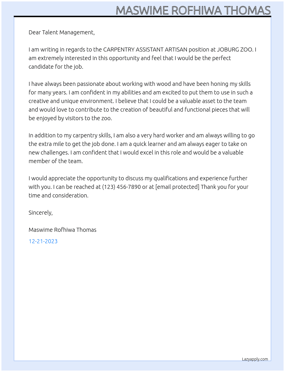 CARPENTRY ASSISTANT ARTISAN At JOBURG ZOO Cover Letter