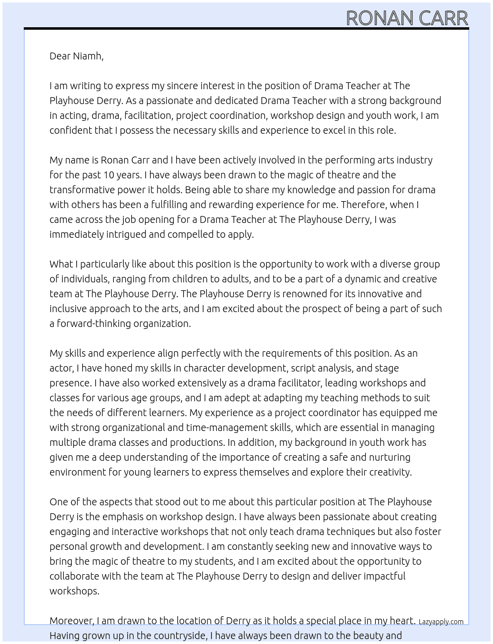 Drama Teacher At The Playhouse Derry Cover Letter