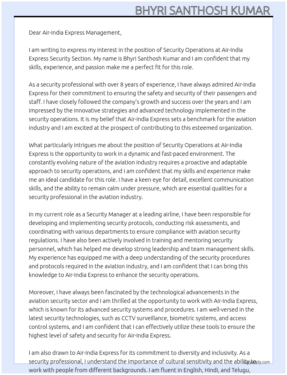 Security operations  At Air-india express security section  Cover Letter