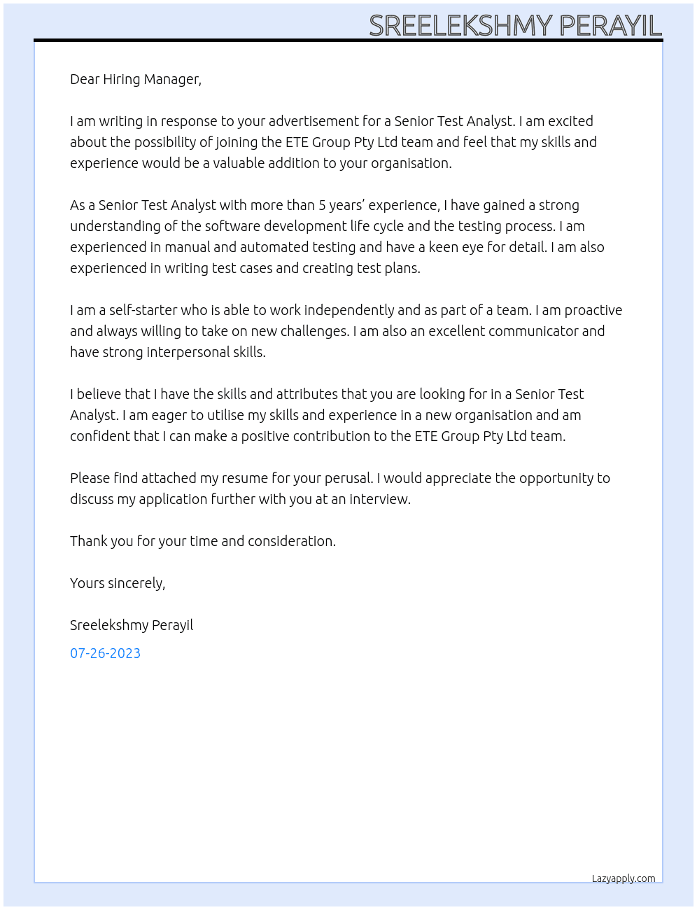 Senior Test Analyst At ETE Group Pty Ltd Cover Letter