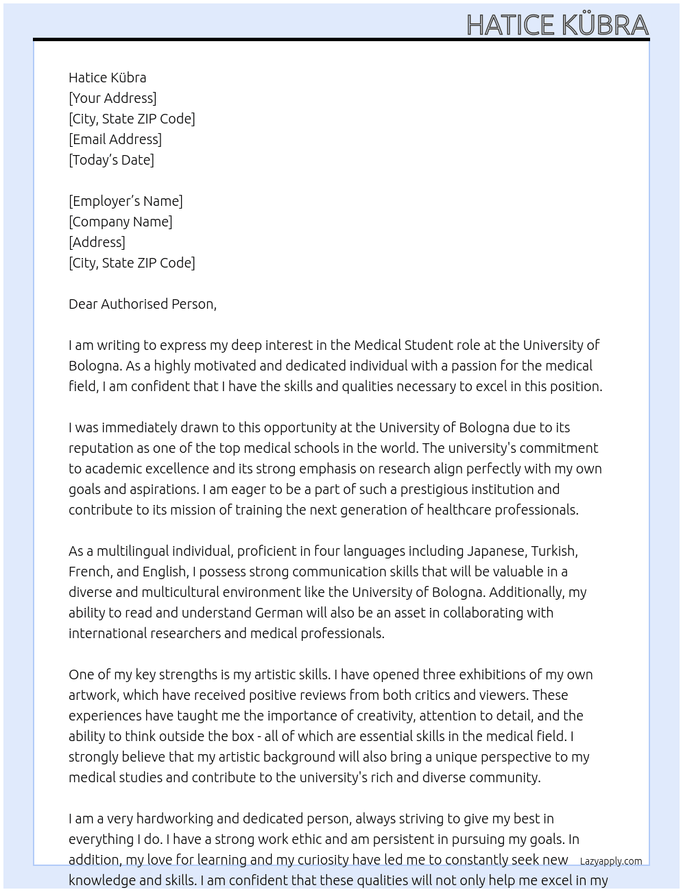 Medical student  At University of Bologna Cover Letter