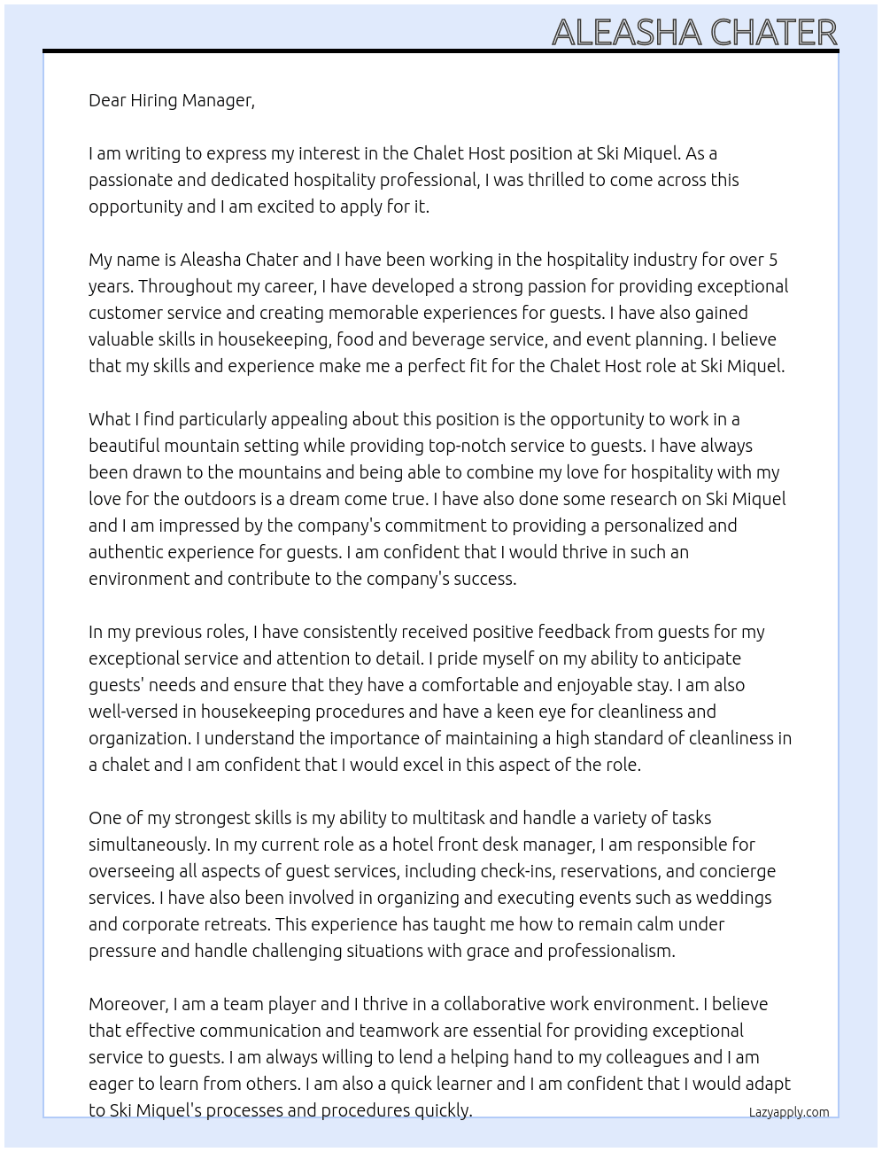 Chalet host At Ski Miquel Cover Letter