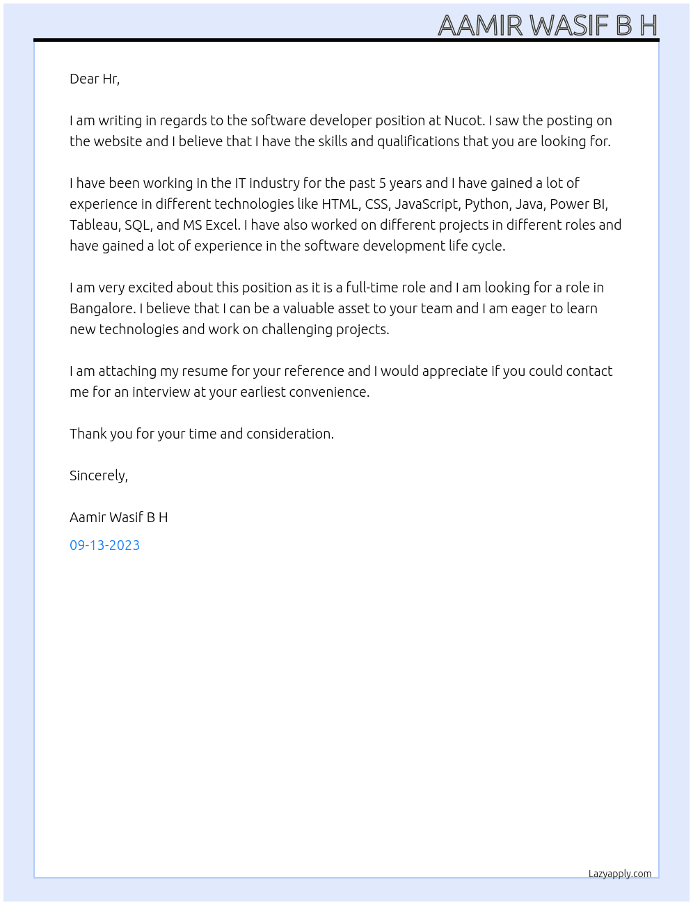 Software developer  At Nucot Cover Letter