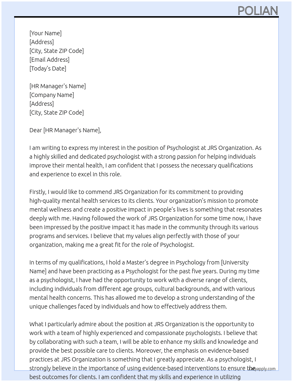 Psychologist At JRS Organization  Cover Letter