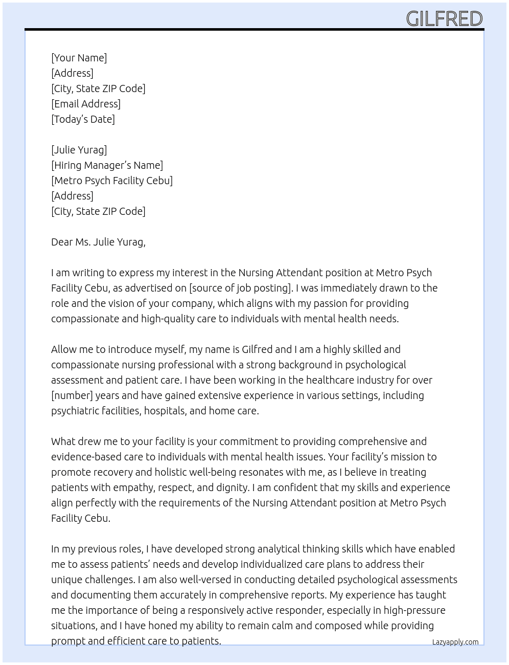 nursing attendant At Metro Psych Facility Cebu Cover Letter