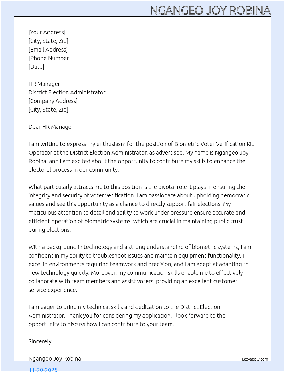 Biometeric Voter Verification Kit Operator At District Election Administrator Cover Letter