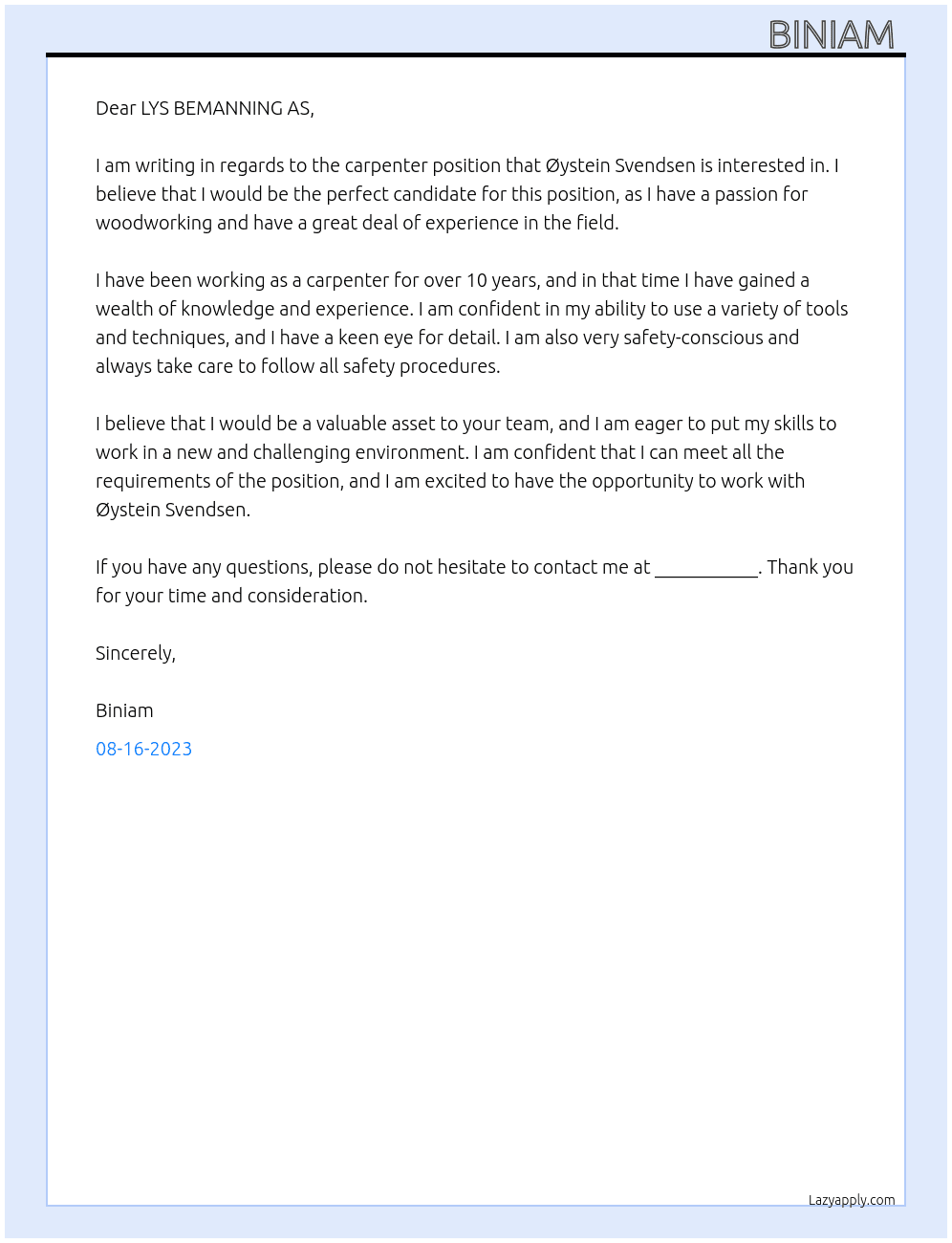 Carpenter At LYS BEMANNING AS Cover Letter