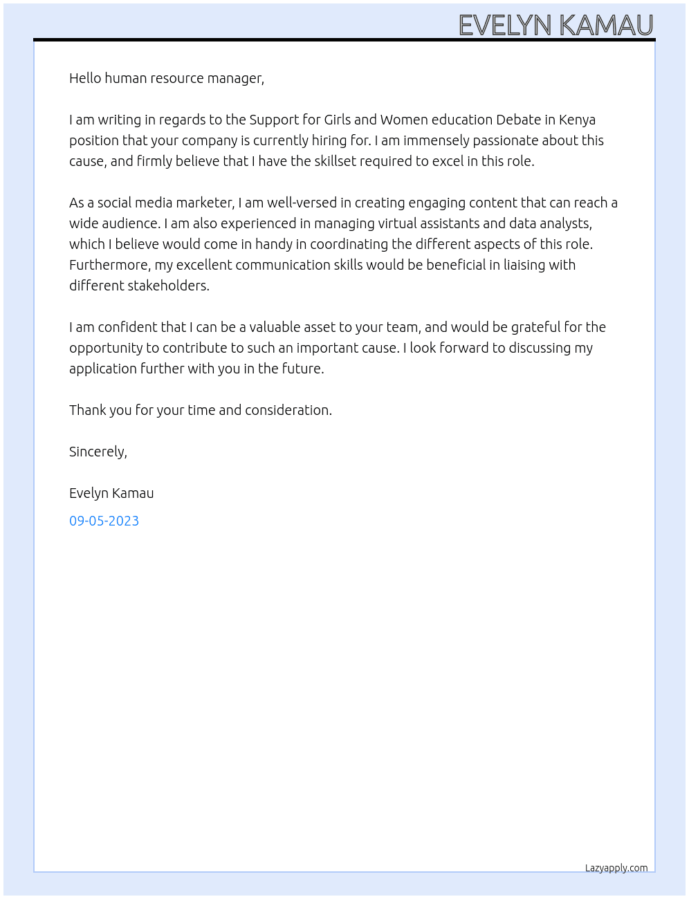 Support for Girls and Women education Debate in Kenya At Community Development And Sustainability Organization Cover Letter