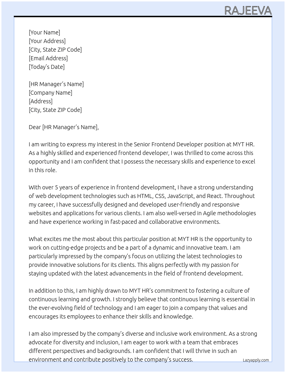 Senior Frontend Developer At  MYT HR Cover Letter