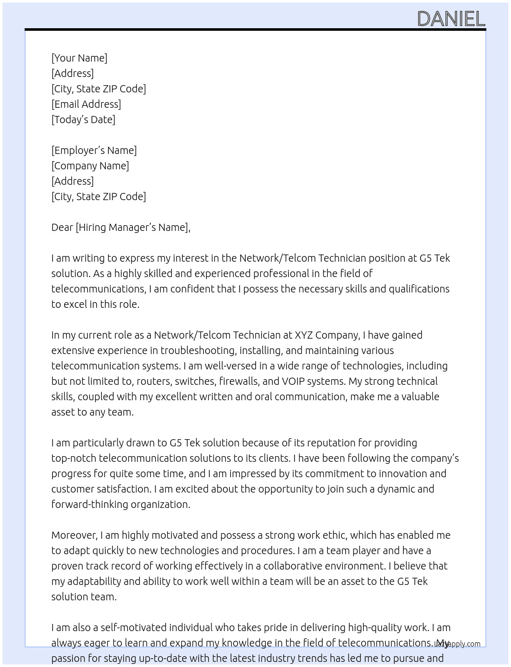 Network/Telcom Technician At G5 Tek solution Cover Letter