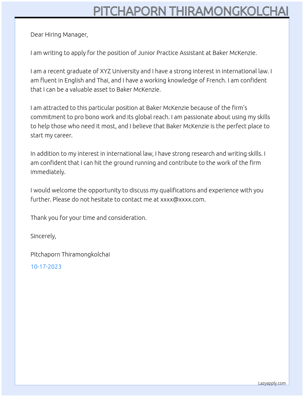 Junior Practice Assistant At Baker Mckenzie Cover Letter