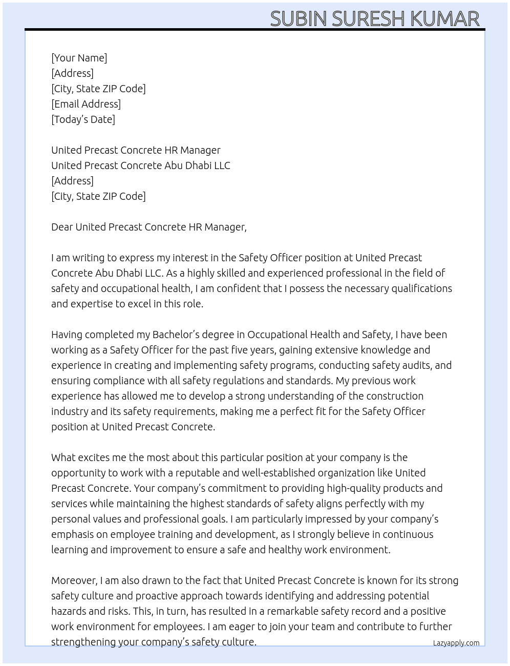 Safety Officer At United Precast Concrete Abu Dhabi LLC Cover Letter