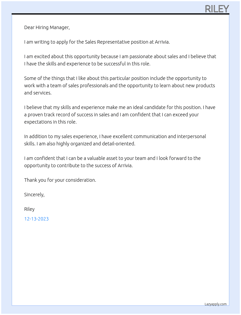 Sales Representative At Arrivia Cover Letter