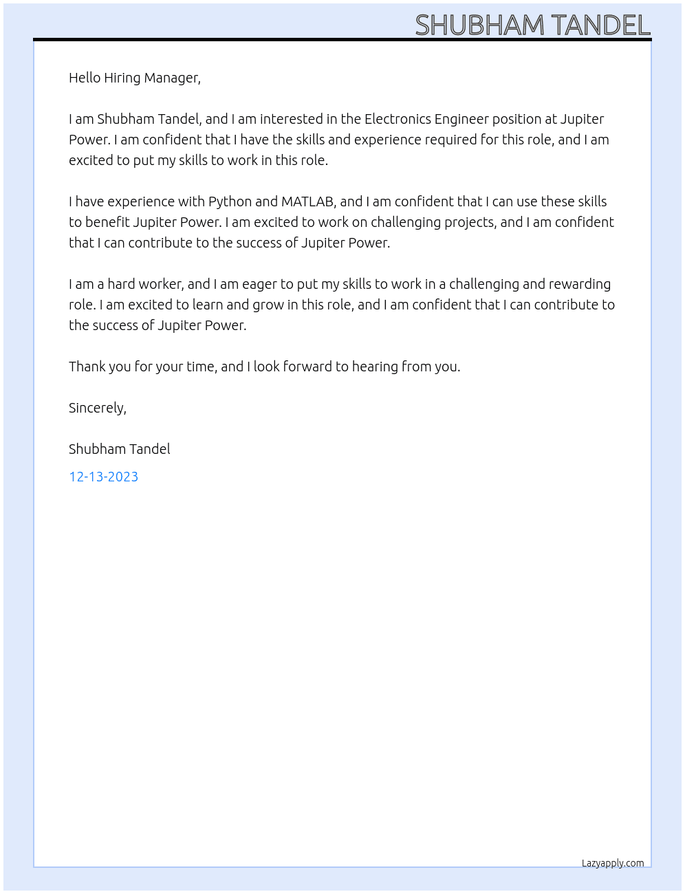 Electronics Engineer At Jupiter Power Cover Letter
