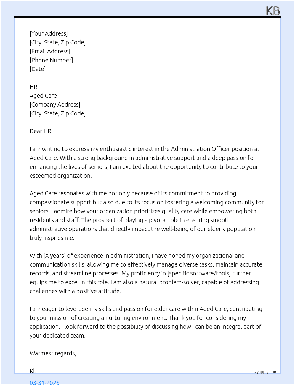 Administration officer  At aged care Cover Letter